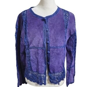 Vintage SMH Genuine Suede Leather and Crochet Boho Blazer Jacket.Purple/Blue.SM